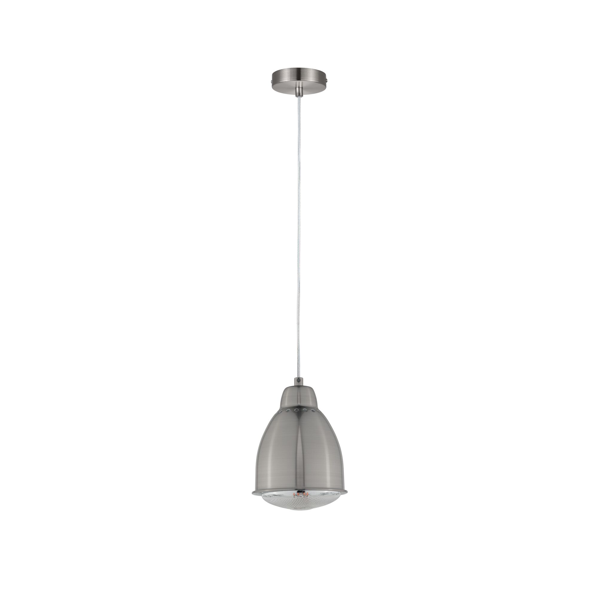 Brushed metal silver pendant light with clear diffuser ideal for modern living spaces