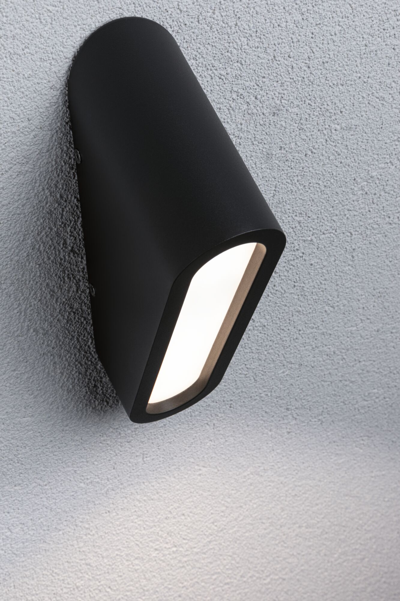 Black metal LED wall light with modern design and warm white light for outdoor use.