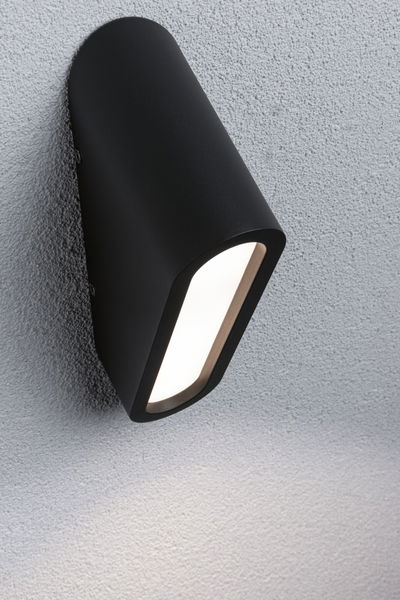 Black metal LED wall light with modern design and warm white light for outdoor use.