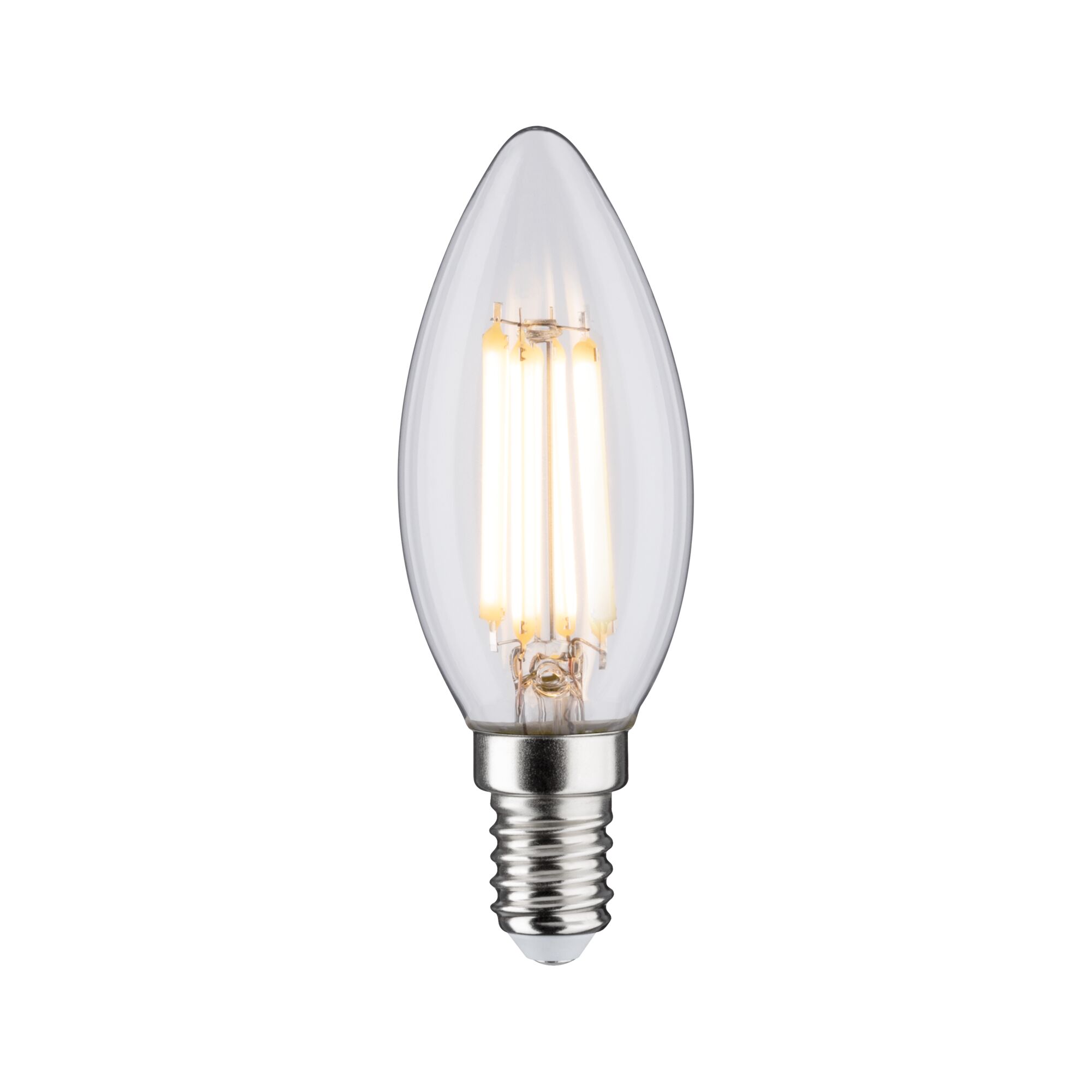 Clear LED candle bulb with E14 base and warm white light for energy-efficient lighting solutions