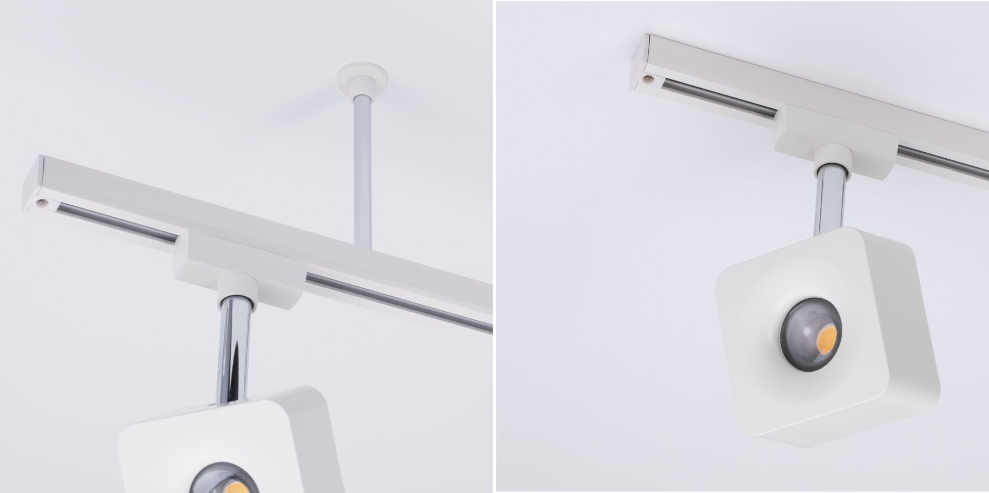 Moderne witte metalen LED-plafondspot met vierkant ontwerp en railsysteem voor accentverlichting