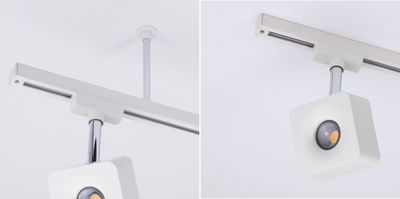 Moderne witte metalen LED-plafondspot met vierkant ontwerp en railsysteem voor accentverlichting