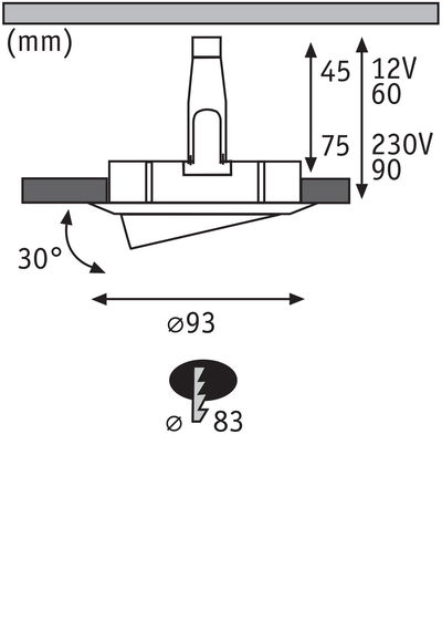 Technical drawing of LED recessed spotlight with 93 mm diameter and 30-degree tilt