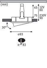 Technical drawing of recessed spotlight with 93 mm diameter and 30-degree tilt, dimensions in mm