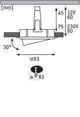 Teknisk tegning af indbygningsspot med 93 mm diameter og 30 graders hældning, mål i mm