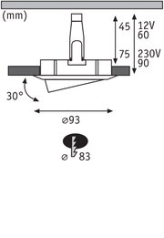 Dessin technique d'un spot encastré de 93 mm de diamètre avec inclinaison de 30 degrés