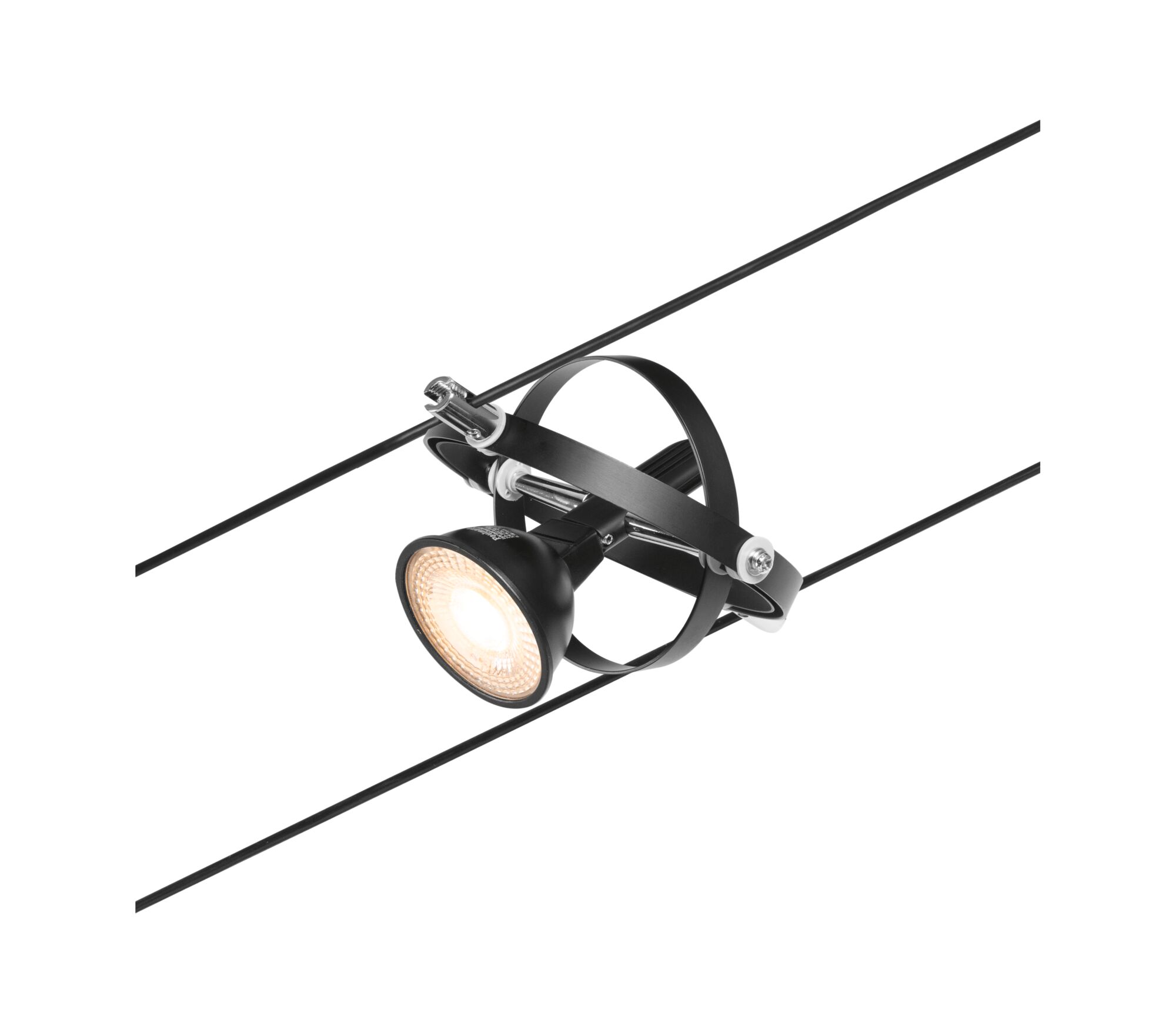 Schwarze LED-Seilstrahlerleuchte aus Metall mit warmweißem Licht für moderne Innenbeleuchtung