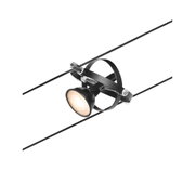 Schwarze LED-Seilstrahlerleuchte aus Metall mit warmweißem Licht für moderne Innenbeleuchtung