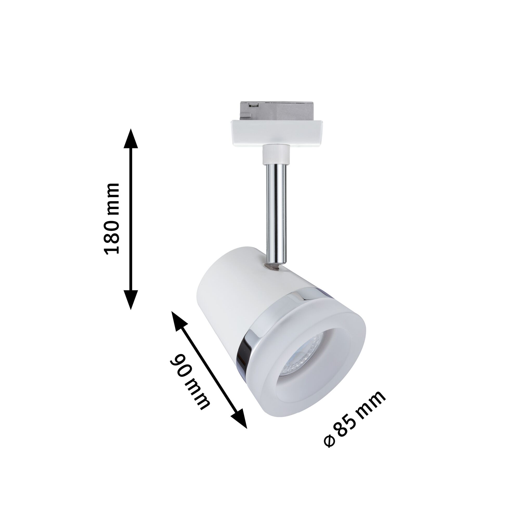 White metal LED spotlight with chrome ring, 180 mm height, 85 mm diameter, modern indoor lighting fixture