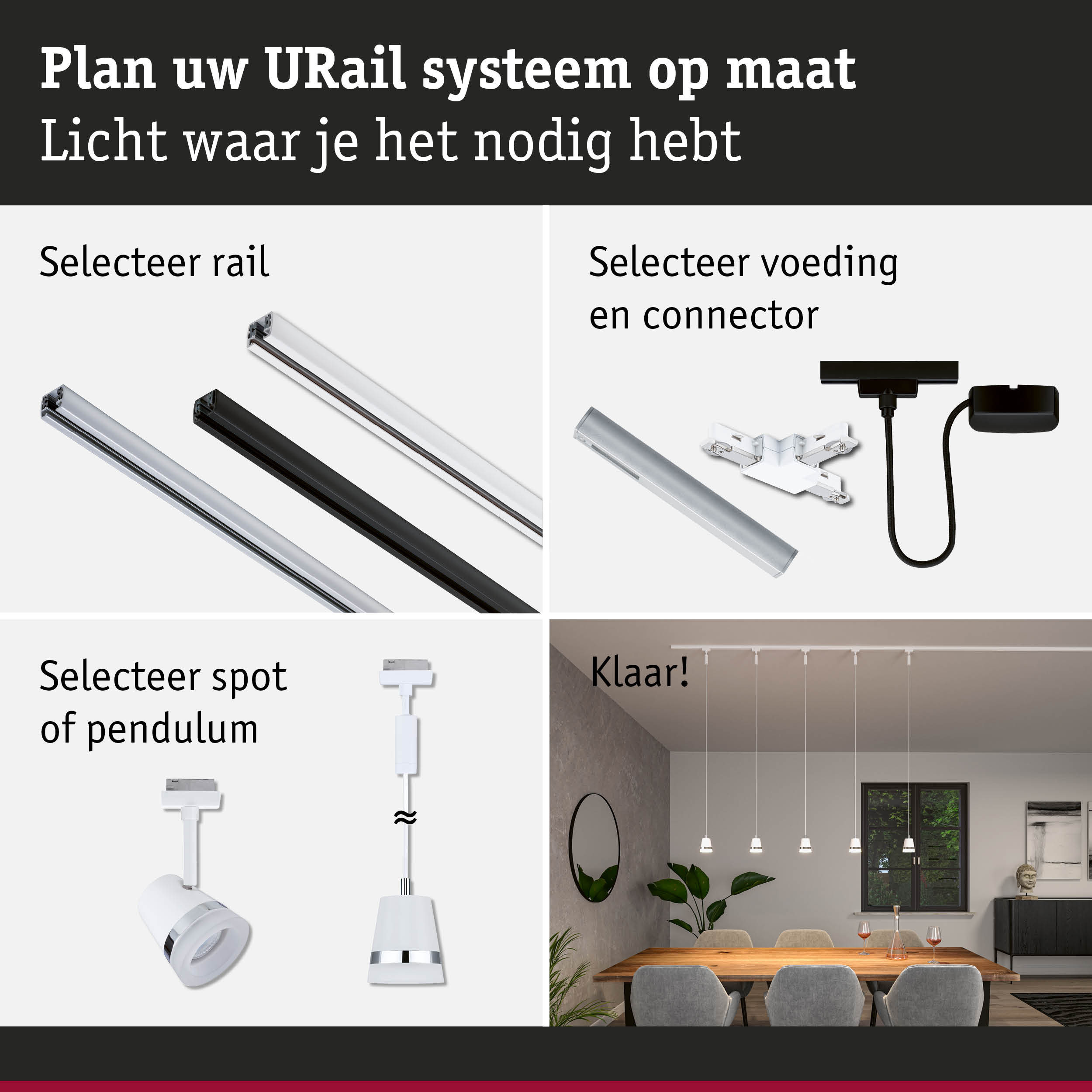 Modulair URail railsysteem met witte en zwarte rails, connectoren en spots voor flexibele verlichting