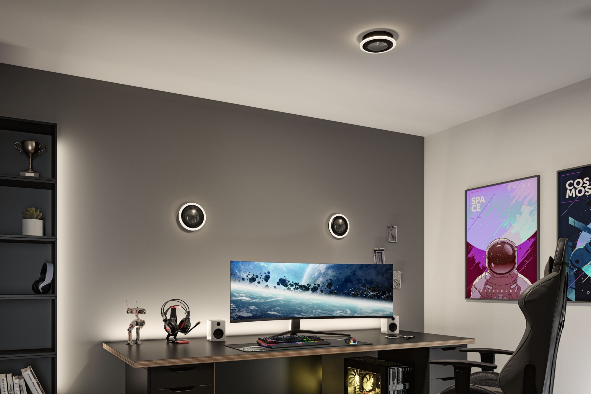 Modern gaming room with black desk, ultrawide monitor, and round LED ceiling and wall lights