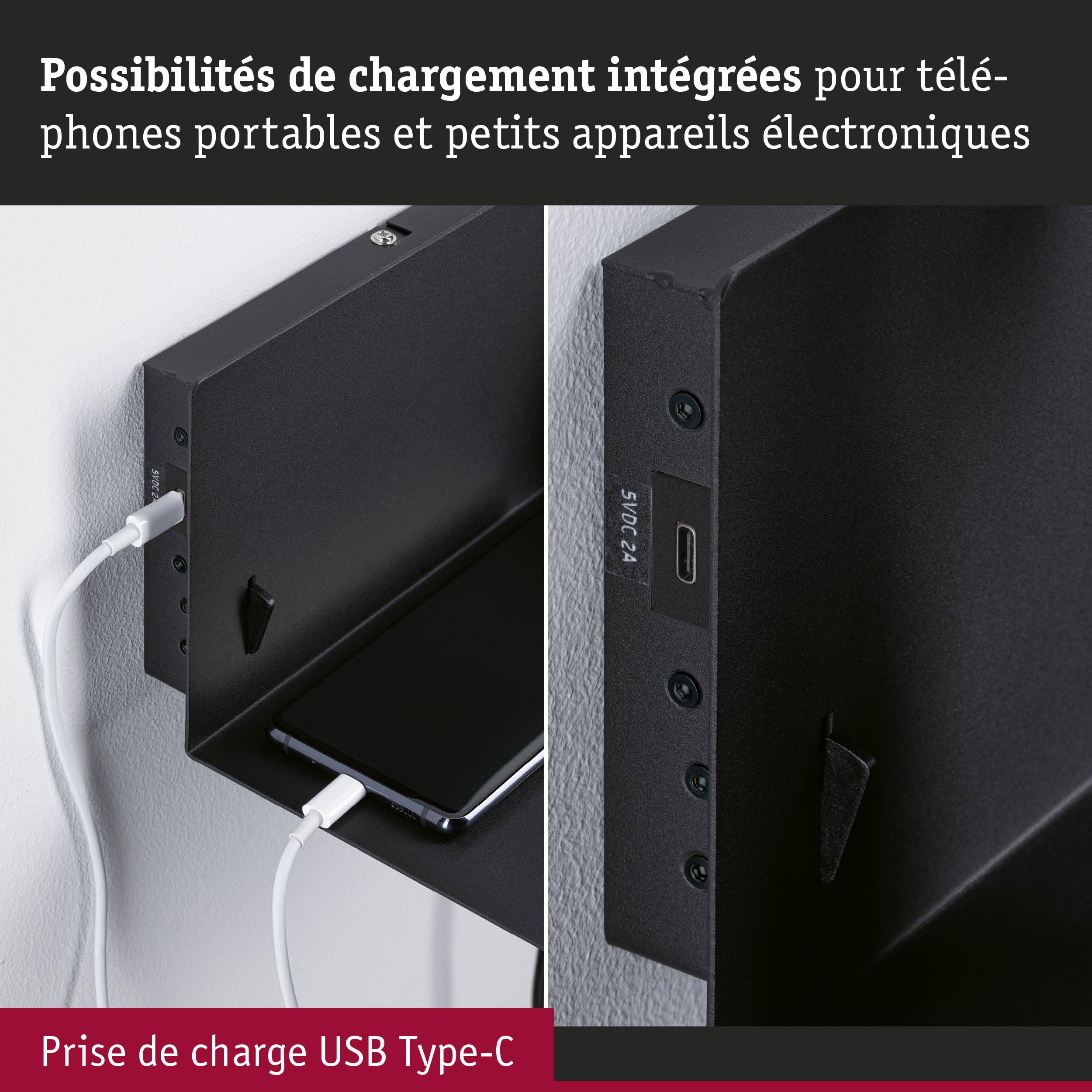 Étagère murale noire avec prise de charge USB Type-C intégrée pour téléphones et petits appareils
