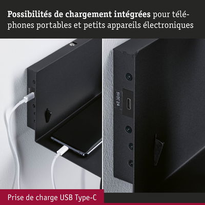 Étagère murale noire avec prise de charge USB Type-C intégrée pour téléphones et petits appareils