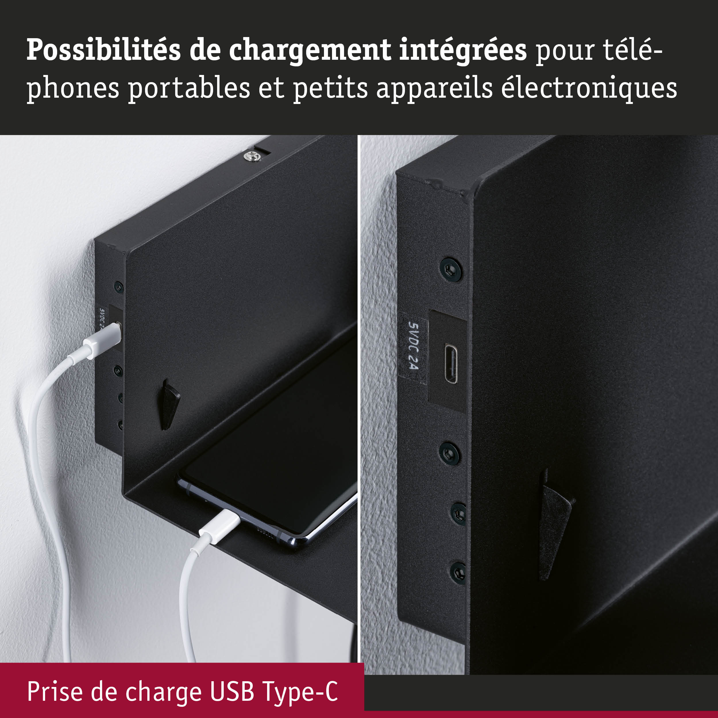 Support mural noir avec prise de charge USB Type-C intégrée pour téléphones et petits appareils