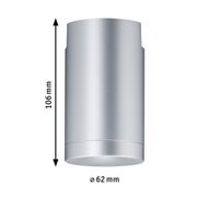 Srebrna cylindryczna lampa sufitowa z aluminium o wysokości 106 mm i średnicy 62 mm