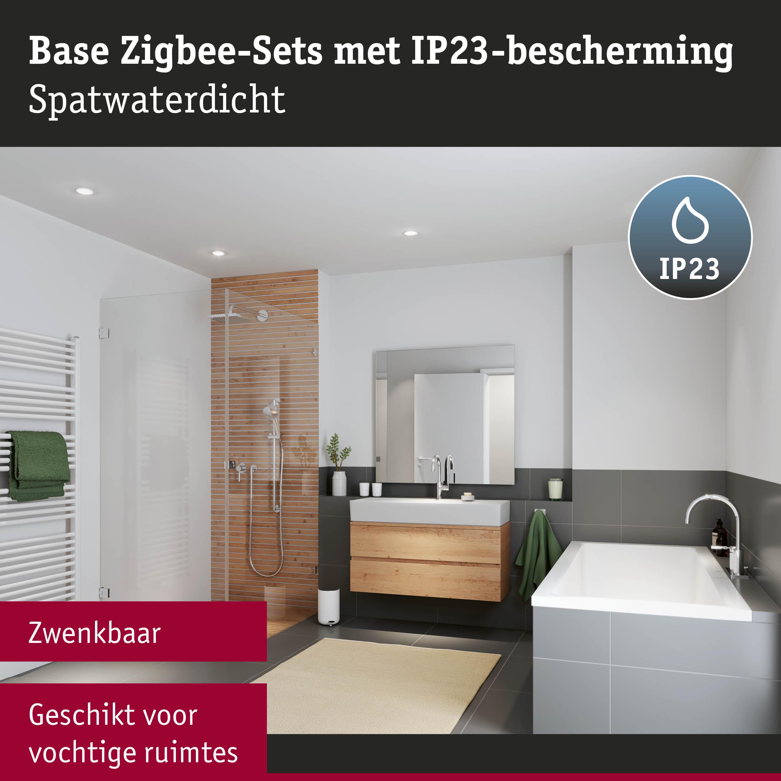 Modern badkamerinterieur met IP23 spatwaterdicht Zigbee-set, geschikt voor vochtige ruimtes en zwenkbare bediening