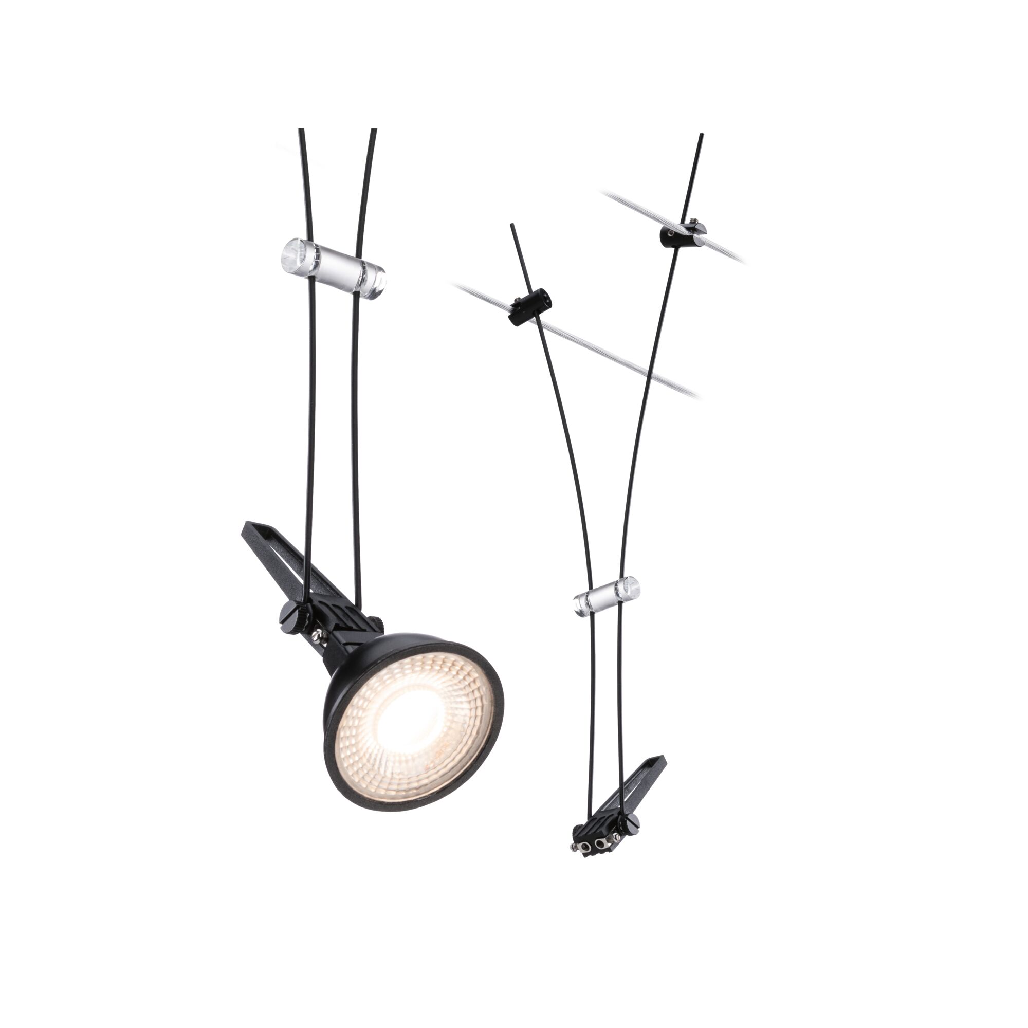 CorDuo Seilsystem Comet Einzelspot GU5,3 max. 50W dimmbar 12V Schwarz matt Schwarze LED-Seilspotleuchte mit Clip und transparenten Akzenten für moderne Raumbeleuchtung