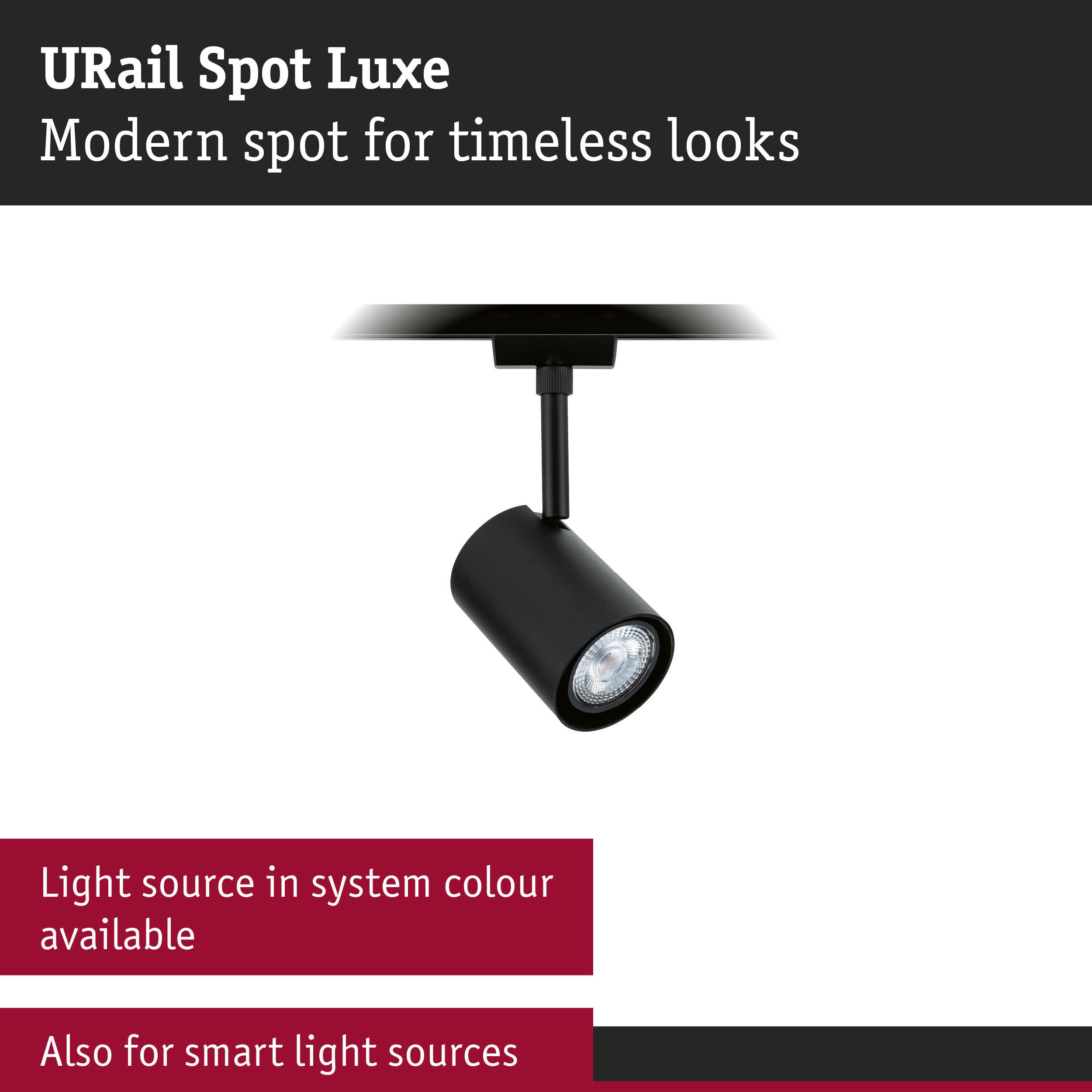 Black URail Spot Luxe metal spotlight for modern LED rail lighting with adjustable head