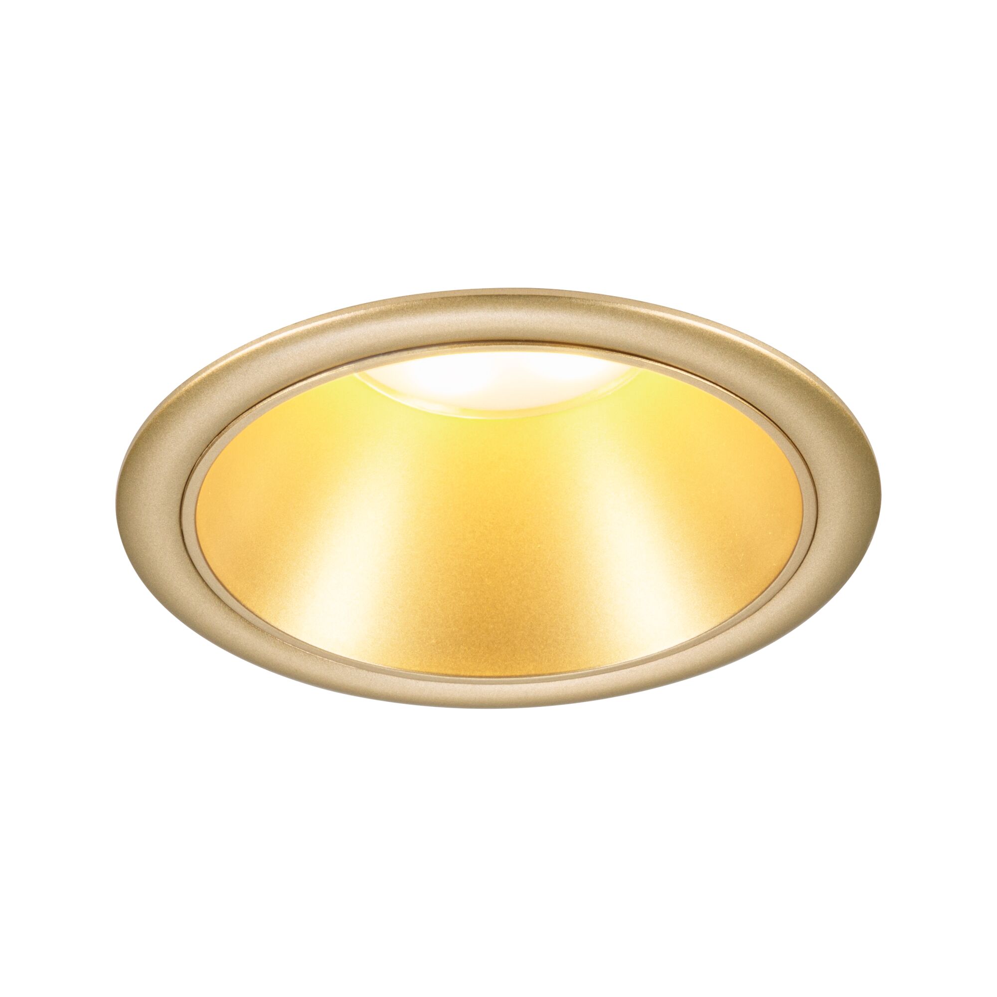 Round recessed LED light with gold aluminum frame and warm white light for home lighting