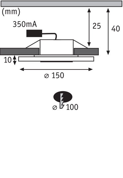 Technische Zeichnung eines LED-Einbaustrahler mit 150 mm Durchmesser und 40 mm Höhe, 350mA Strom.