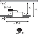 Technische Zeichnung eines LED-Einbaustrahler mit 150 mm Durchmesser und 40 mm Höhe, 350mA Strom.