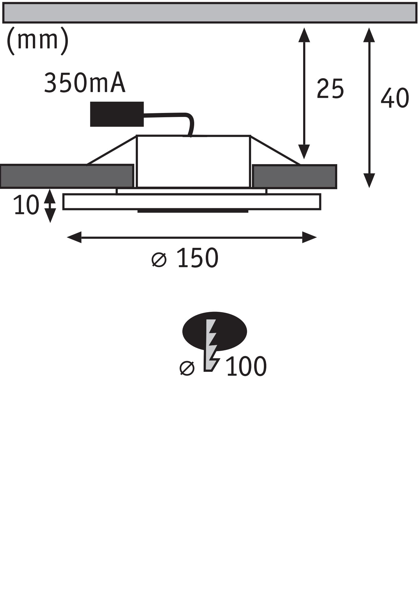 Technical drawing of LED recessed spotlight with 150 mm diameter and 40 mm height, 350mA current.