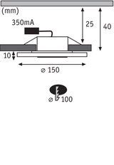 Technische Zeichnung eines LED-Einbaustrahler mit 150 mm Durchmesser und 40 mm Höhe, 350mA Strom.