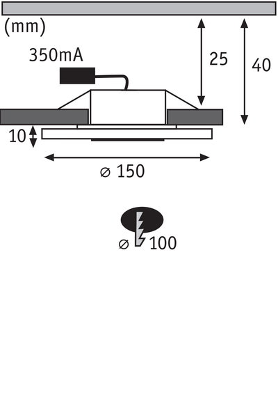 Technische Zeichnung eines LED-Einbaustrahler mit 150 mm Durchmesser und 40 mm Höhe, 350mA Strom.