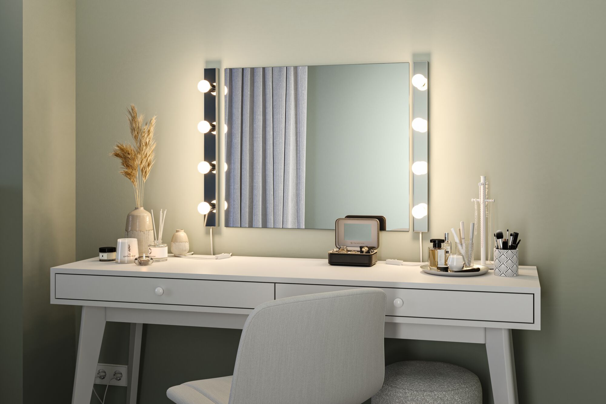 White vanity table with mirror and warm white LED lights on both sides for perfect makeup lighting