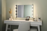 White vanity table with mirror and warm white LED lights on both sides for perfect makeup lighting
