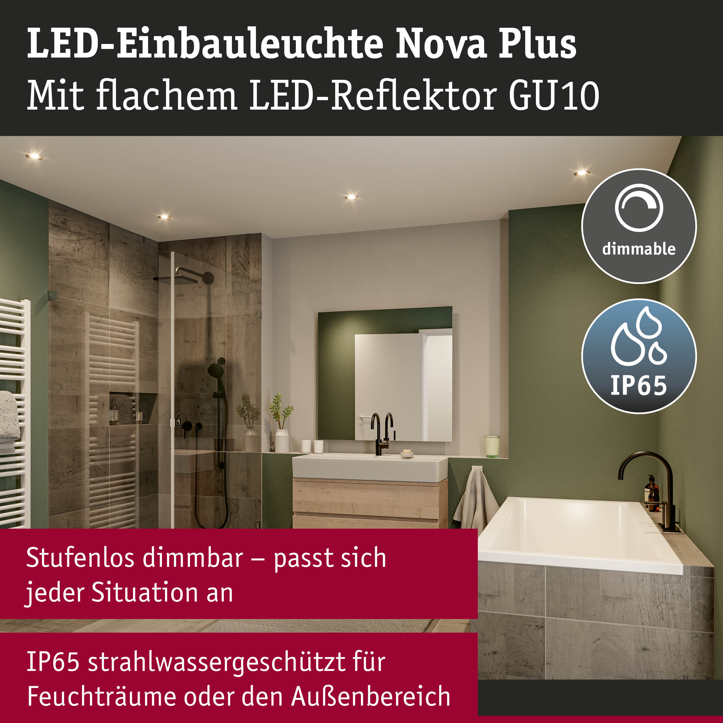 LED-Einbauleuchte Nova Plus dimmbar mit flachem GU10-Reflektor, IP65 für Feuchträume und Außenbereich