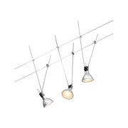 Three silver LED cable spotlights with adjustable heads hanging on thin steel cables