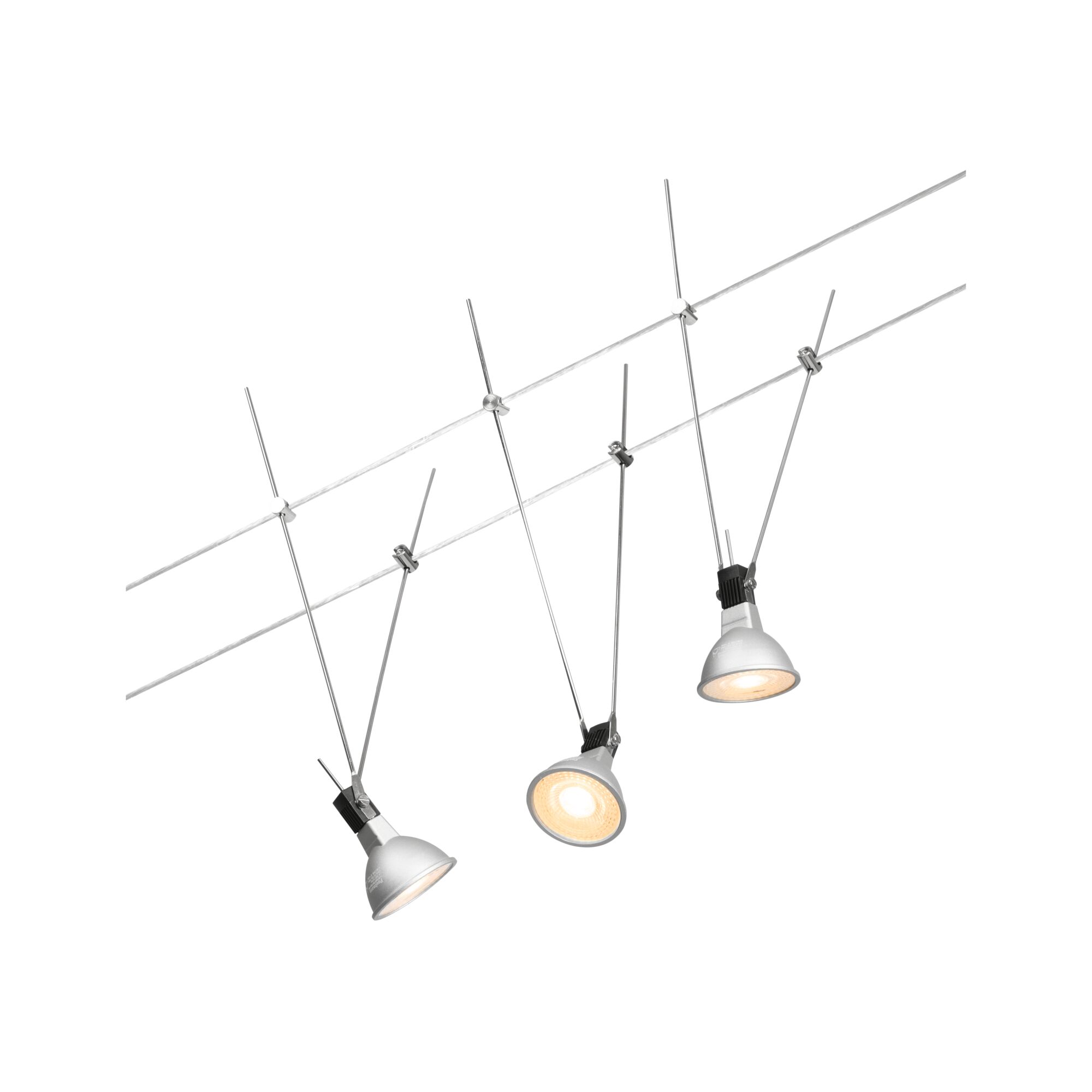 Three silver LED cable spotlights with adjustable heads hanging on thin steel cables