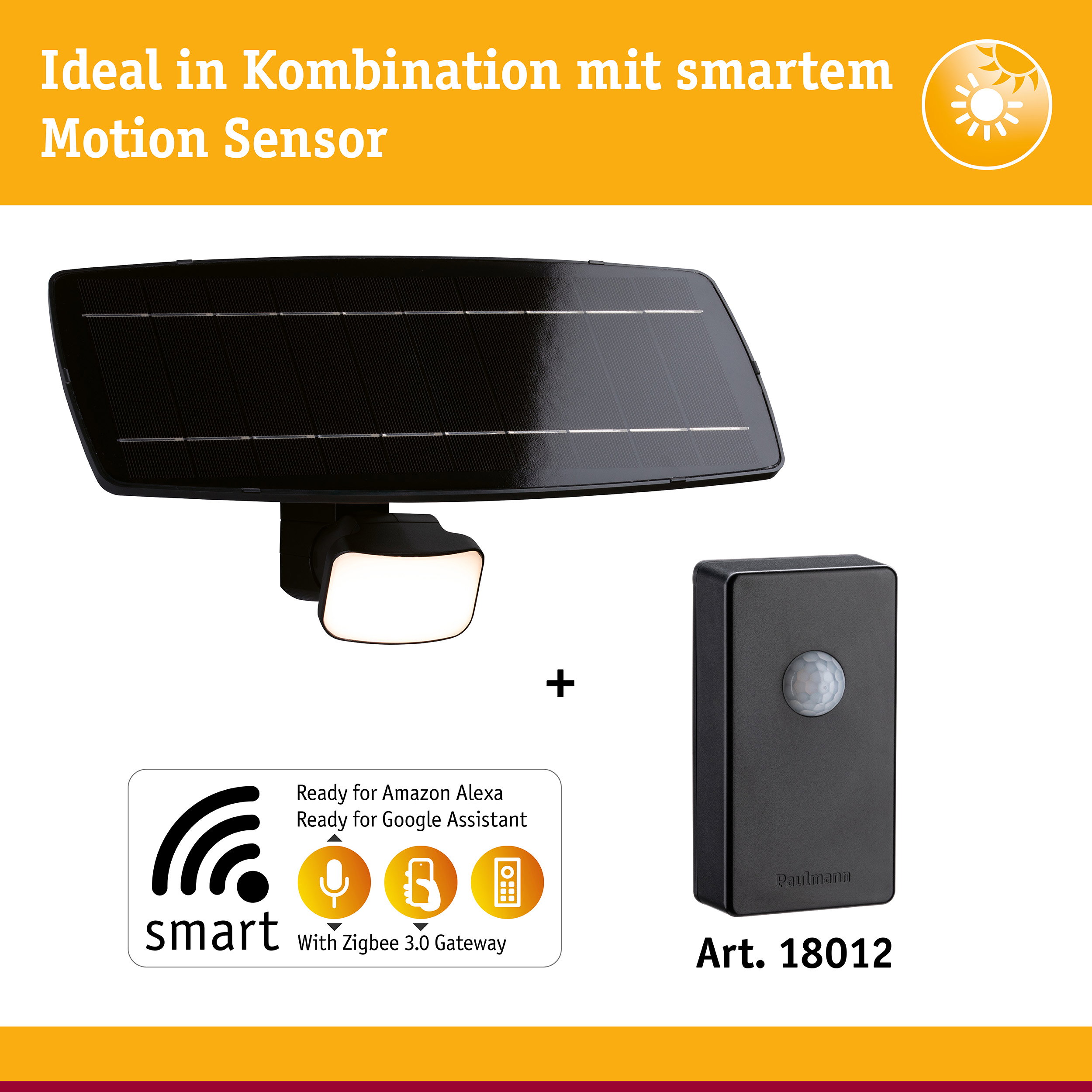 Schwarzes Solarlicht mit Bewegungsmelder und smartem Zigbee 3.0 Gateway für intelligente Außenbeleuchtung