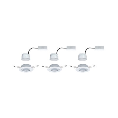 Three white LED recessed spotlights with metal frame and cable for energy-efficient lighting.