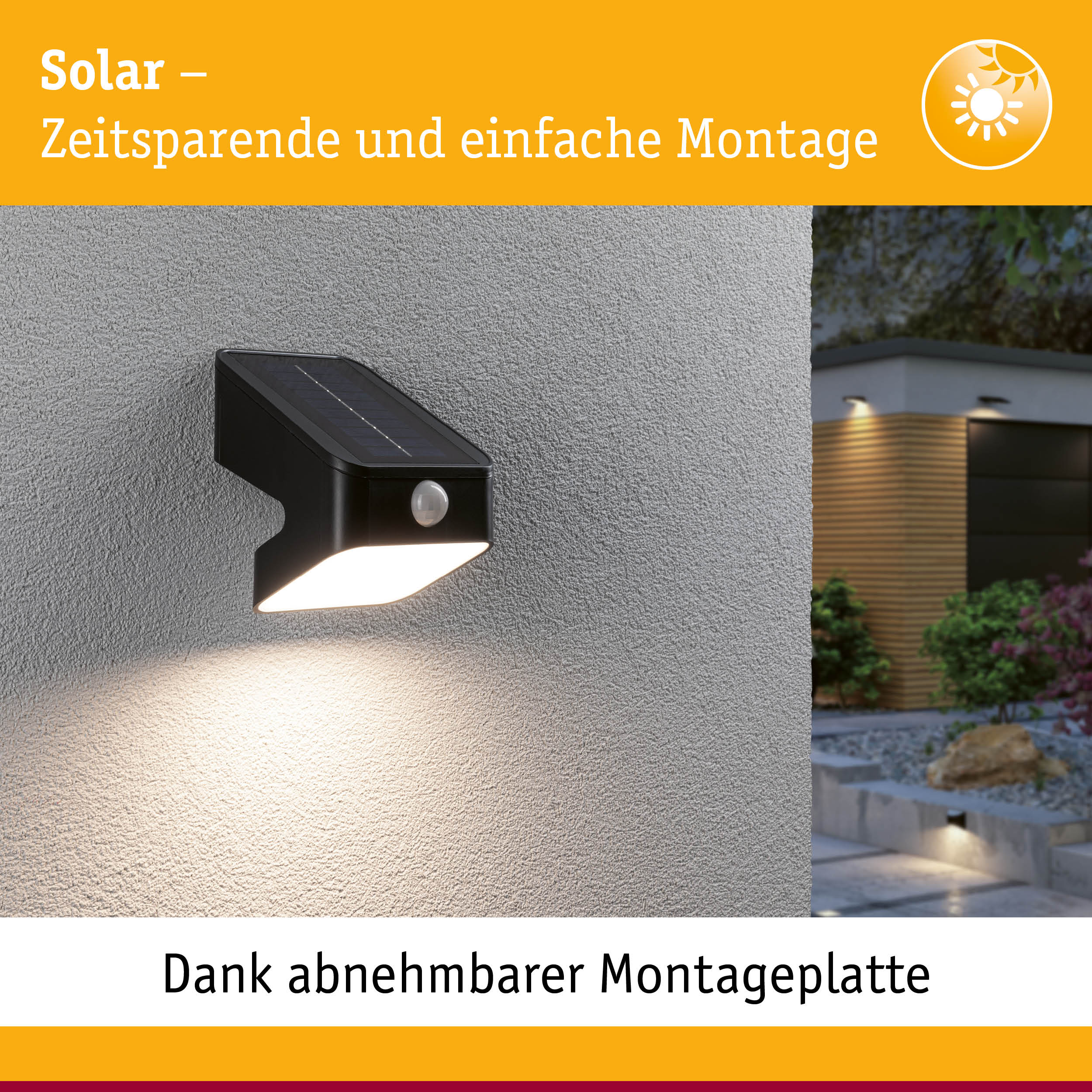 Schwarze Solar-Außenwandleuchte mit Bewegungsmelder und abnehmbarer Montageplatte an grauer Wand