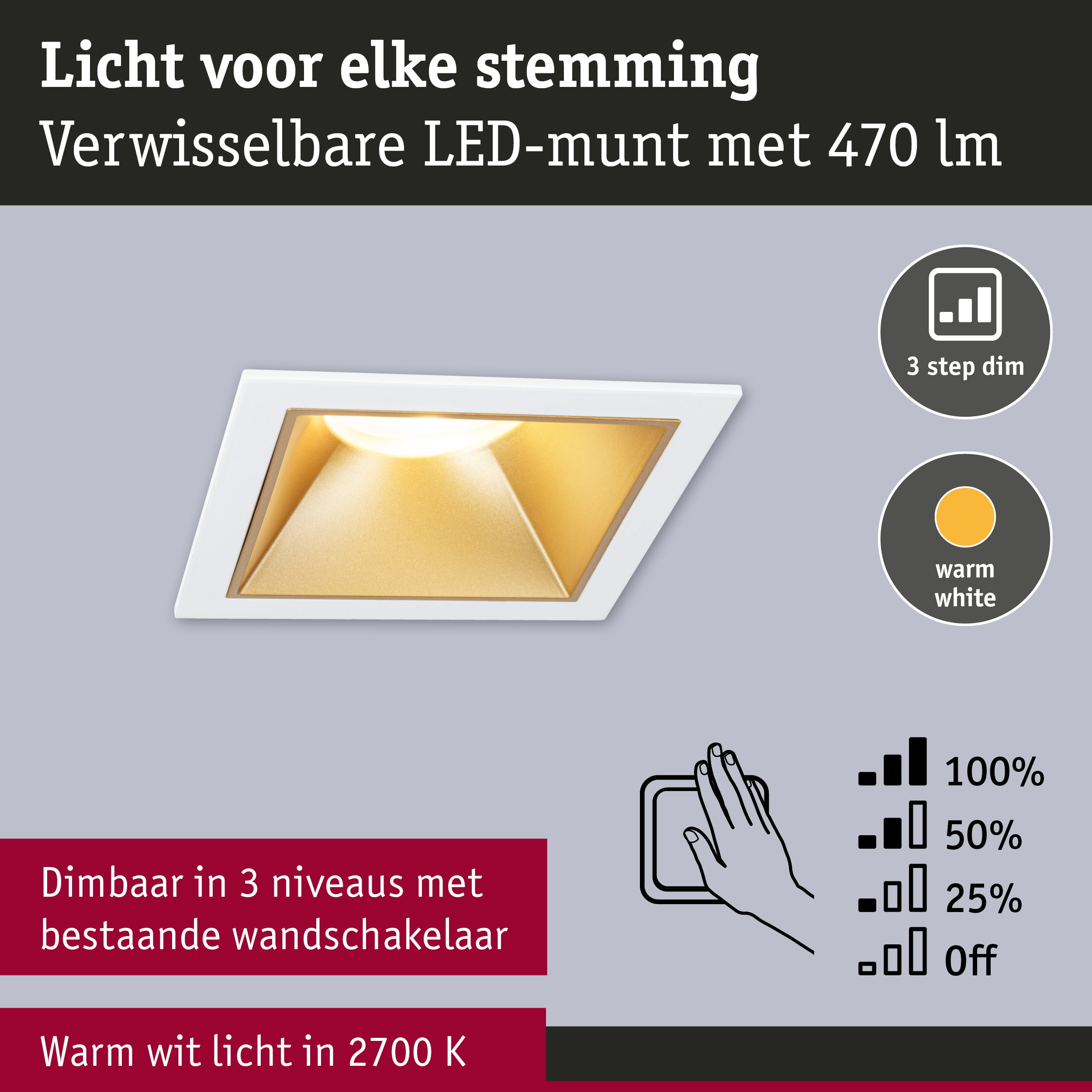 Witte LED-inbouwspot met gouden reflector en warm wit licht 2700K, dimbaar in 3 stappen