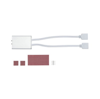 White LED connector cable with aluminum housing and brown adhesive pads for lighting setups