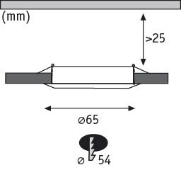 Teknisk tegning af LED-indbygningsspot med 65 mm diameter og 25 mm indbygningsdybde.