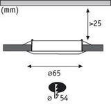 Technical drawing of LED recessed spotlight with 65 mm diameter and 25 mm installation depth.