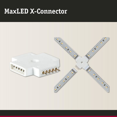 MaxLED X-Connector in white plastic with four LED strips for flexible LED lighting setups