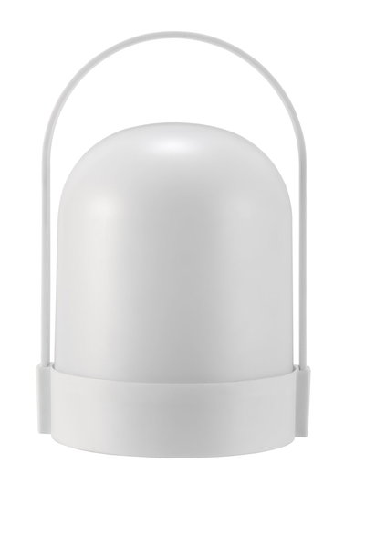 Moderne witte LED-batterij tafellamp met rond ontwerp en praktische handgreep voor flexibel licht