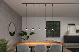 Modern dining area with wooden table, grey chairs, and five black pendant lights on track system