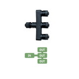 Black plastic splitter with blue connectors featuring one input and three outputs for LED lighting systems