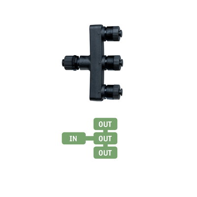 Black plastic splitter with blue connectors featuring one input and three outputs for LED lighting systems
