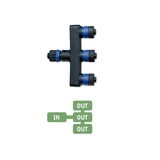 Black plastic splitter with blue screw connectors featuring one input and three outputs for LED lighting.