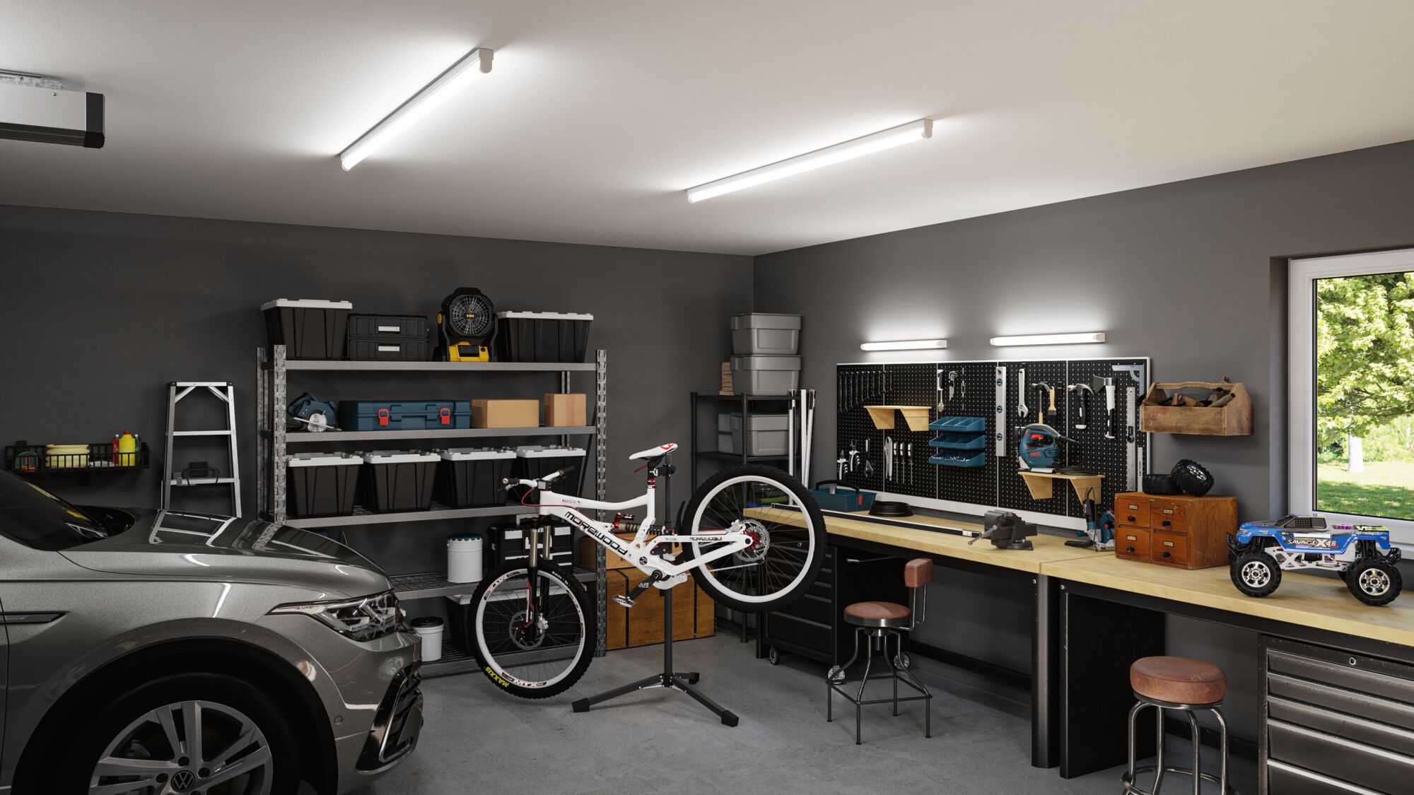 Atelier moderne avec éclairage LED au plafond, établi, support vélo et voiture grise dans le garage.