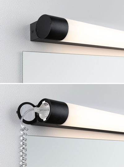 Schwarze LED-Wandleuchte mit opalem Diffusor und integriertem Steckdosenanschluss für Badspiegelbeleuchtung