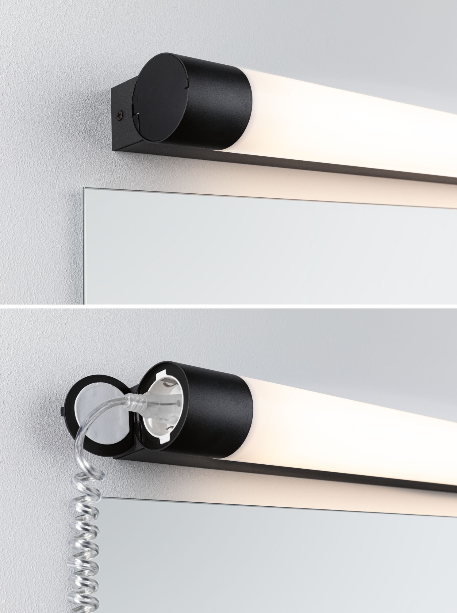 Schwarze LED-Wandleuchte mit opalem Diffusor und integriertem Steckdosenanschluss für Badspiegelbeleuchtung