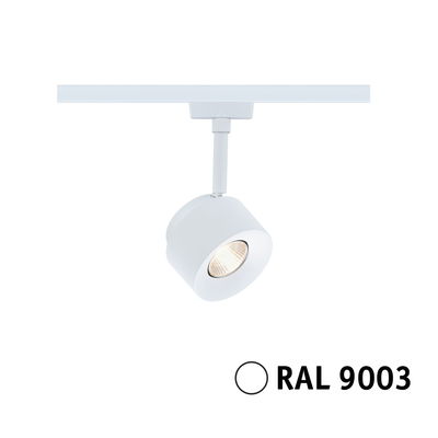White metal LED spotlight for track system with adjustable head, modern indoor lighting solution